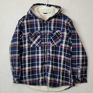 Boston Traders Women's Blue Plaid Flannel Hooded Jacket Sherpa Lined Size Large